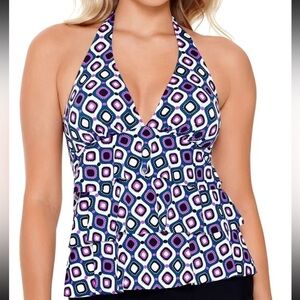 Swim Solutions Women's 5540580 Multicolor Halter Strap Tankini Swim Top Size 14